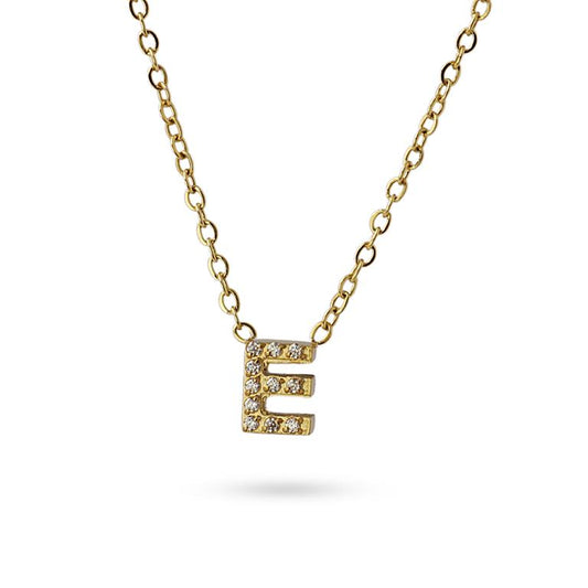 Collier femme acier doré lettre E zirconia 38 cm
