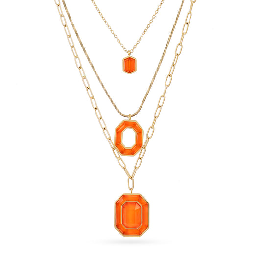 Collier femme acier doré triple rang pierre orange