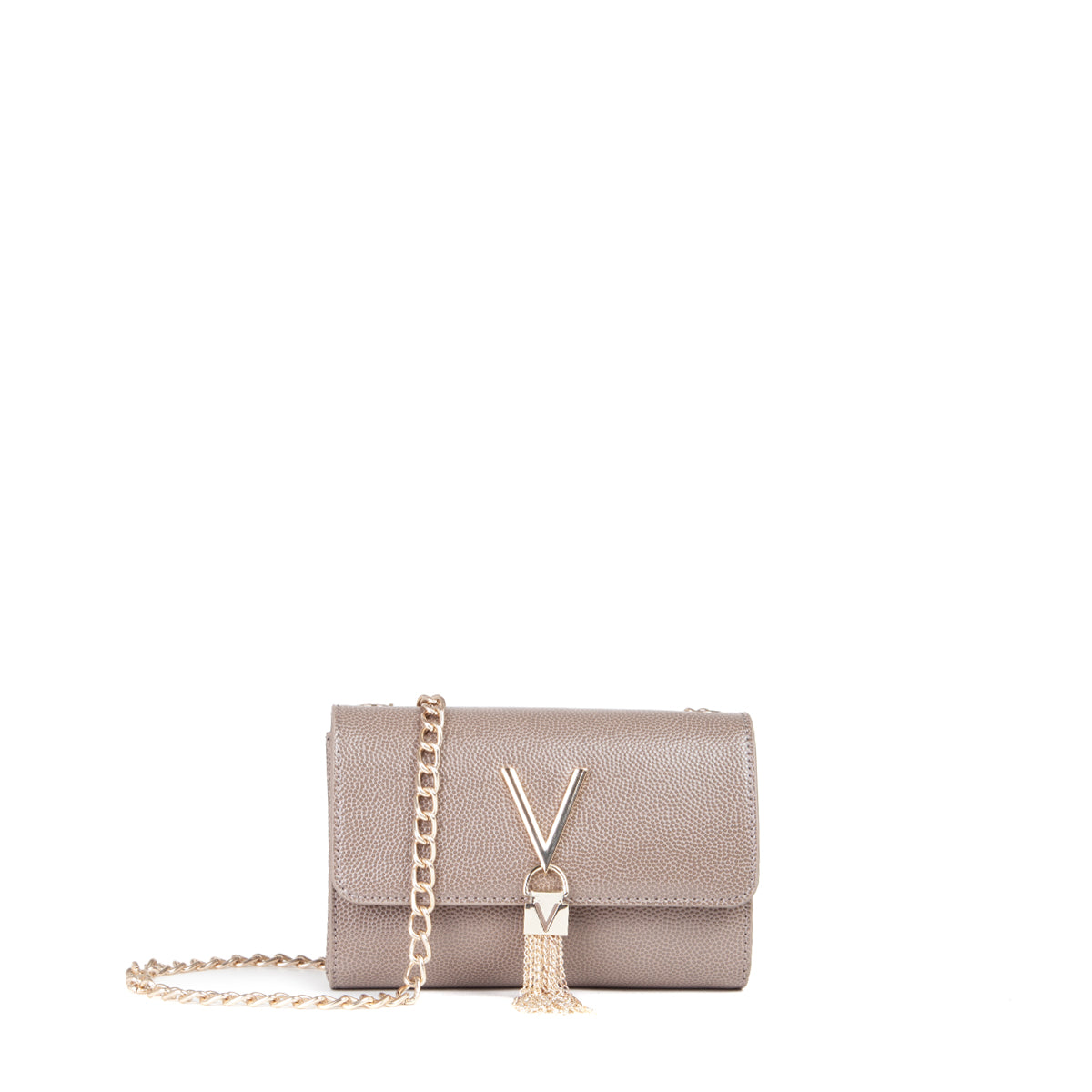 Sac femme taupe cuir grainé chaîne dorée pompon
