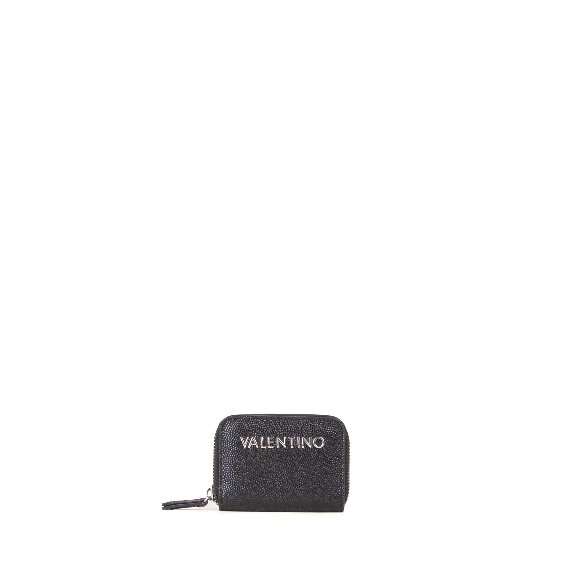 Porte-monnaie femme zippé noir grainé métal argenté