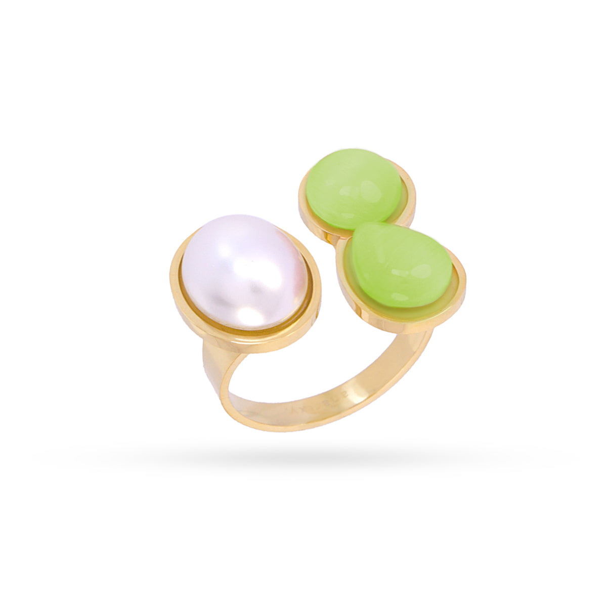 Bague femme acier doré perle et pierres synthétiques vertes