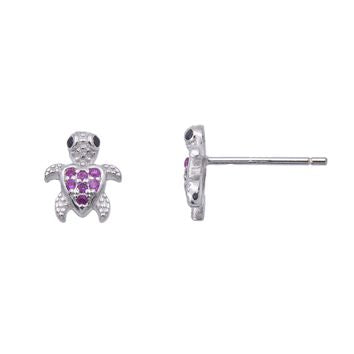 Boucles d'oreilles enfant argent rhodié tortue zirkonia rose