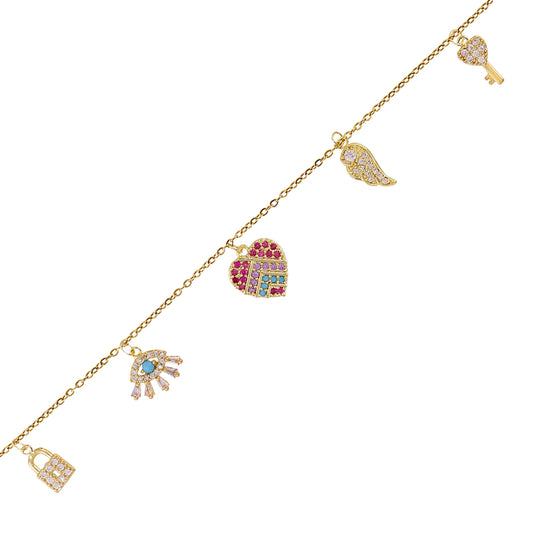 Bracelet femme acier doré breloques zirconia multicolore cœur