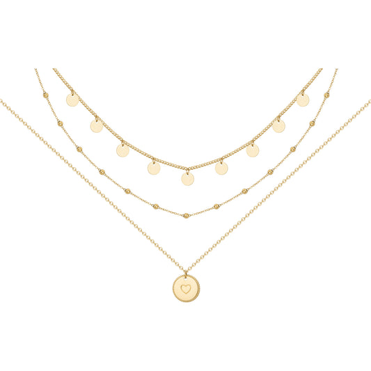 Collier femme acier doré 3 rangs pampilles et médaillon cœur