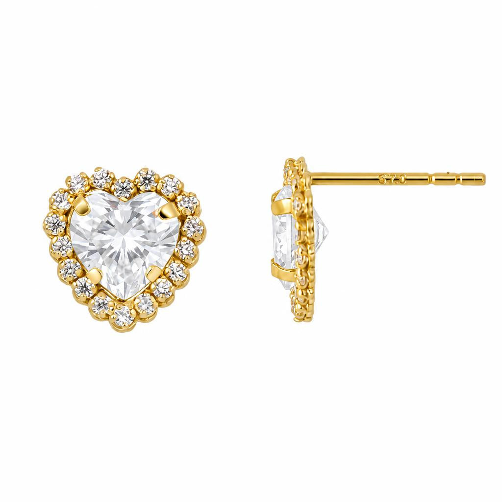 Clou oreille femme or 9 carats jaune coeur zirkonia halo