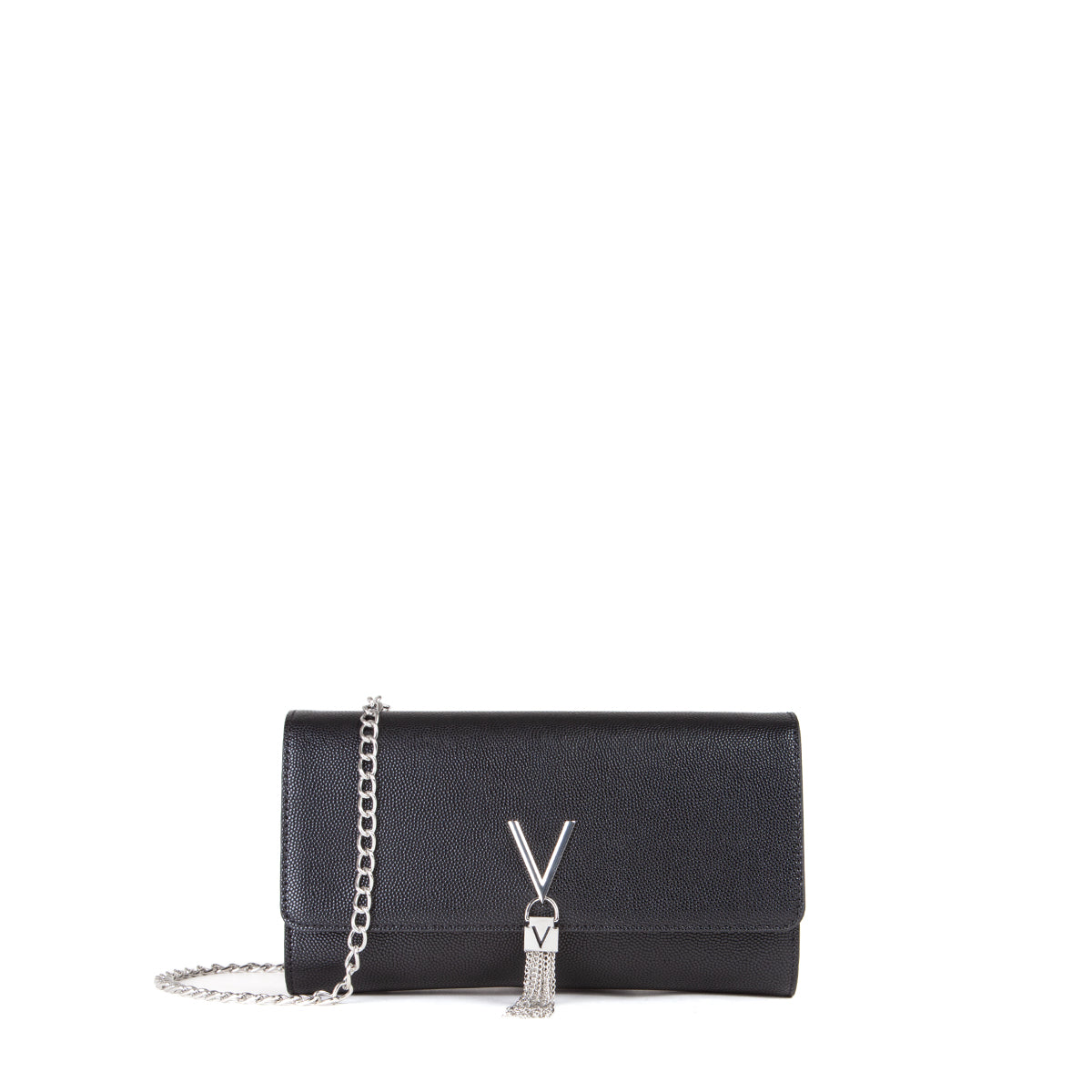 Pochette femme noir caviar chaîne argentée avec pompon