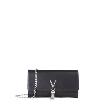 Pochette femme noir caviar chaîne argentée avec pompon