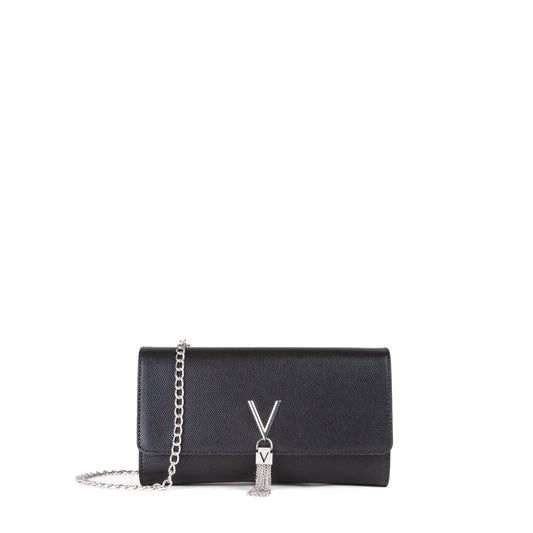 Pochette femme noir caviar chaîne argentée avec pompon