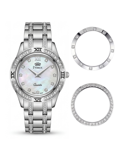 MONTRE DAME SWISS MADE - BRACELET METAL - CADRAN NACRE - 3 LUNETTES INTERCHANGEABLE