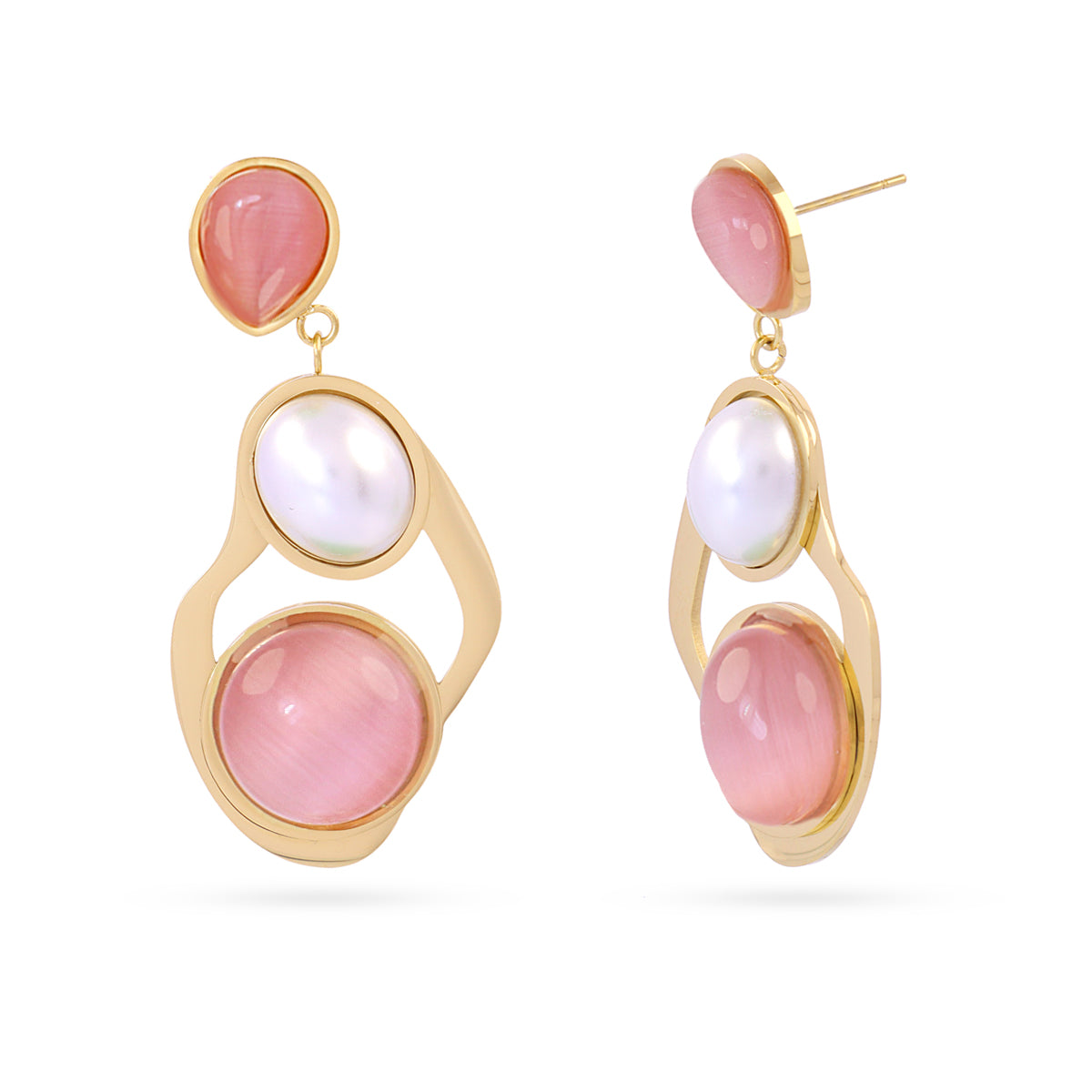 Boucles d'oreilles pendantes femme acier doré quartz rose perle