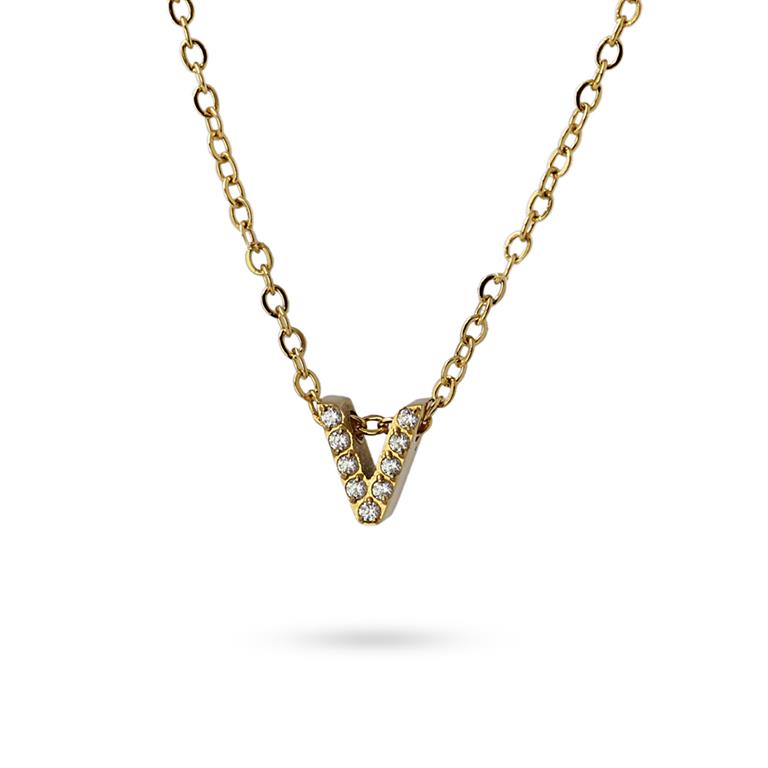 Collier femme acier jaune zirconia lettre V