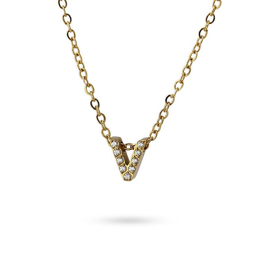 Collier femme acier jaune zirconia lettre V