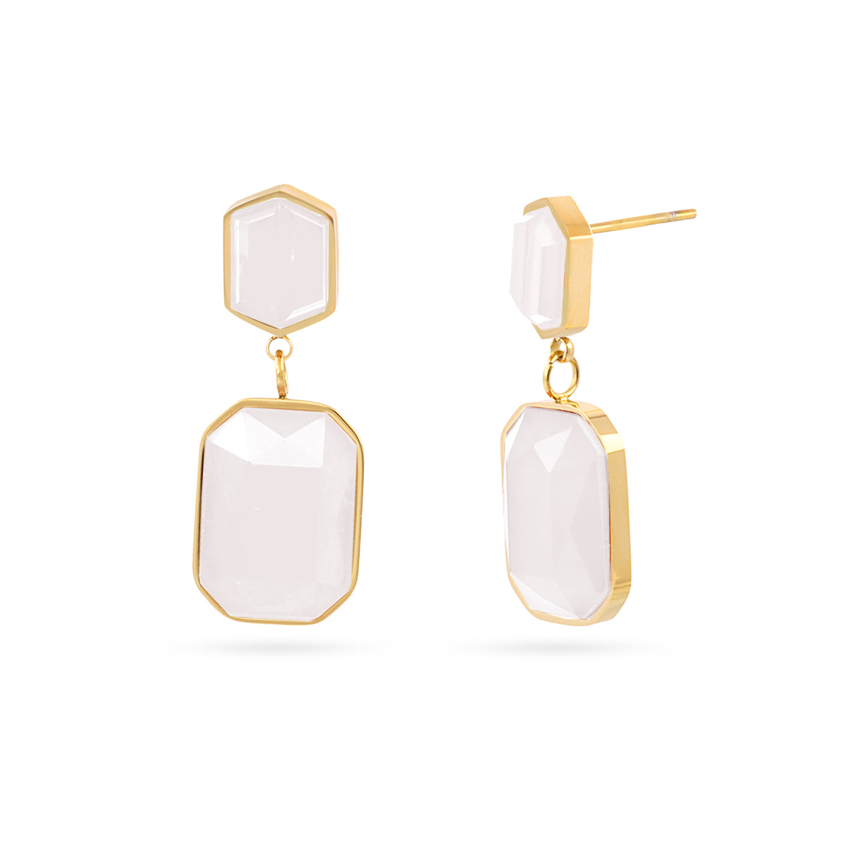 Boucles d'oreilles pendantes femme acier doré pierre blanche