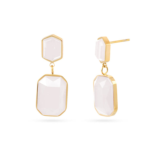 Boucles d'oreilles pendantes femme acier doré pierre blanche