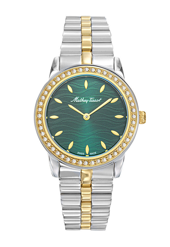 Montre femme acier bicolore cadran vert pierres synthétiques