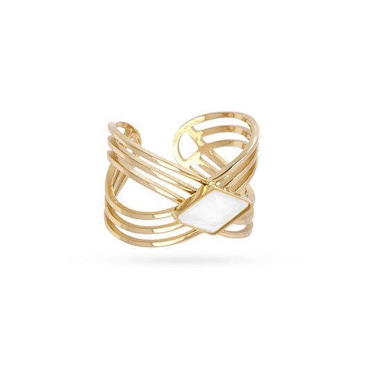 Bague femme acier doré entrelacé pierre synthétique blanche