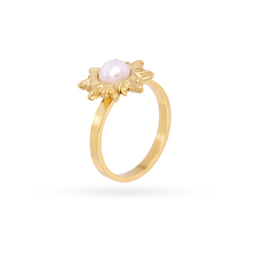 Bague femme acier doré fleur perle synthétique ajustable