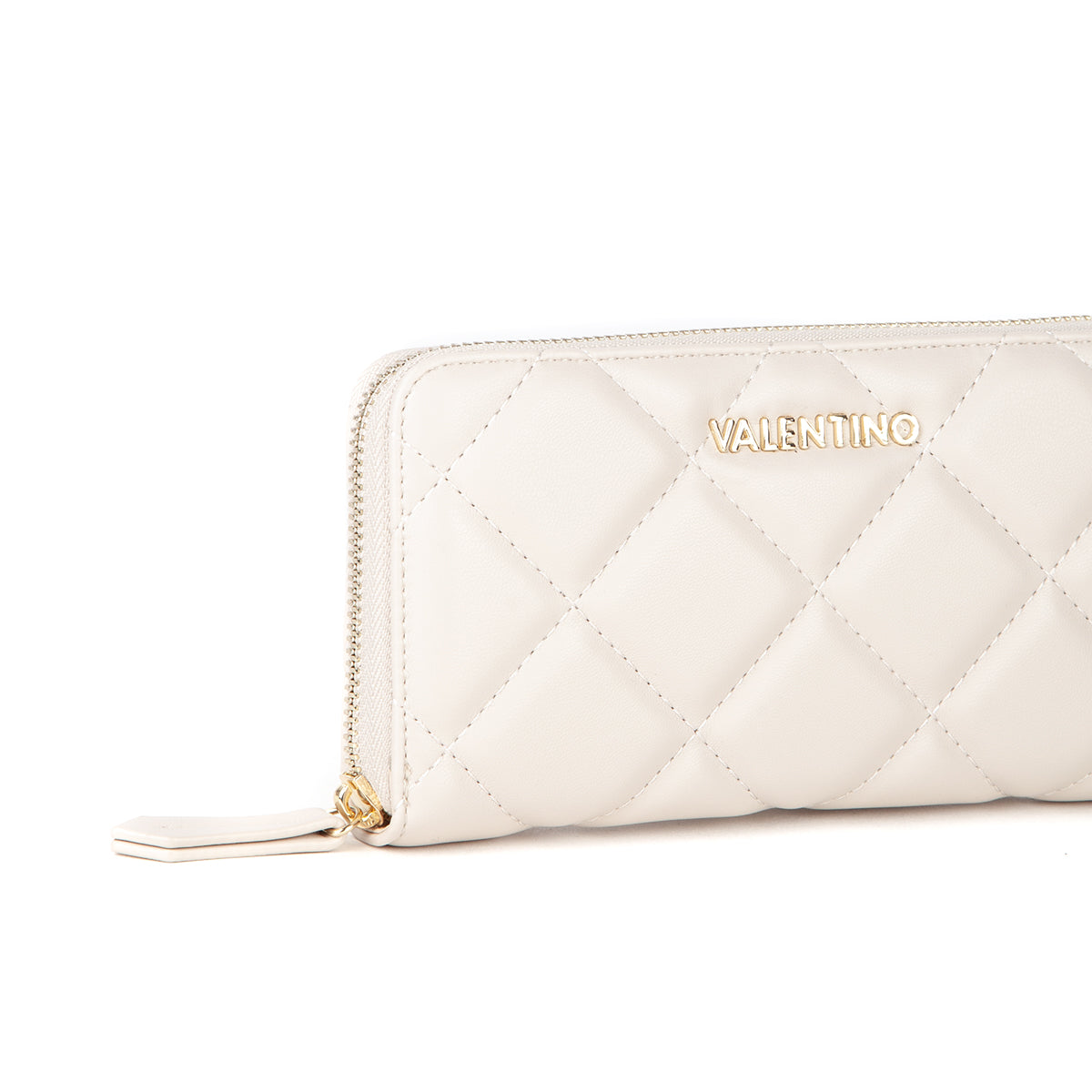 Portefeuille femme matelassé zippé écru finition dorée