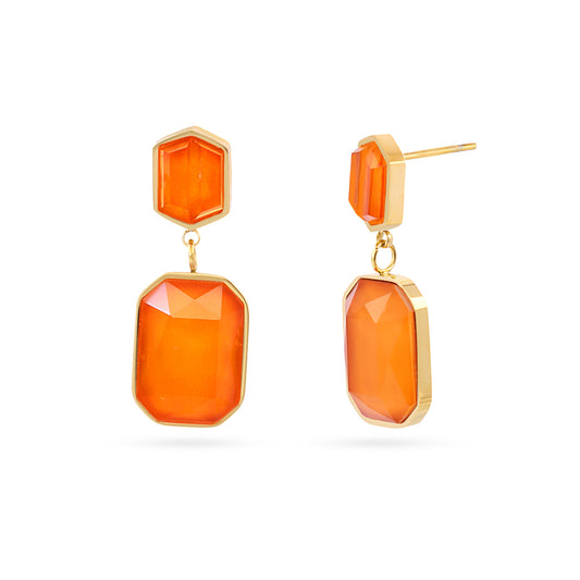Boucles d'oreilles pendantes femme acier doré pierre orange