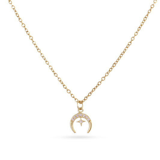 Collier femme acier doré pendentif lune zirconia