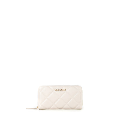 Portefeuille femme matelassé zippé écru finition dorée