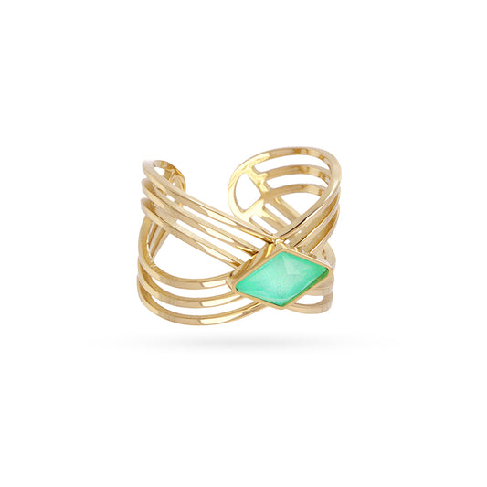 Bague femme acier doré multi-rangs pierre synthétique verte
