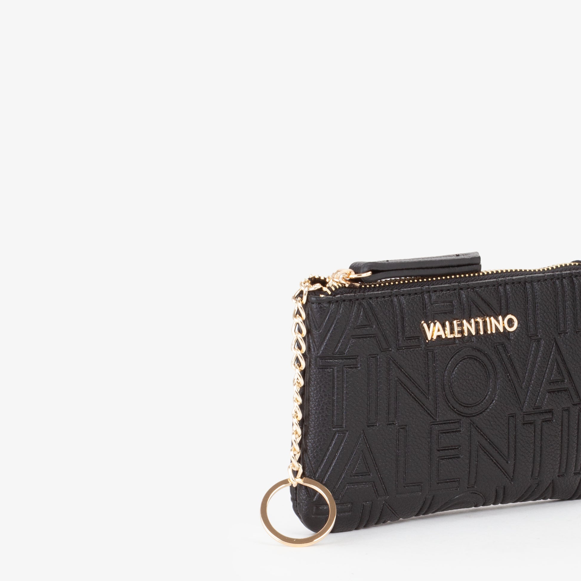 Pochette femme noir logo embossé zip doré porte-clés