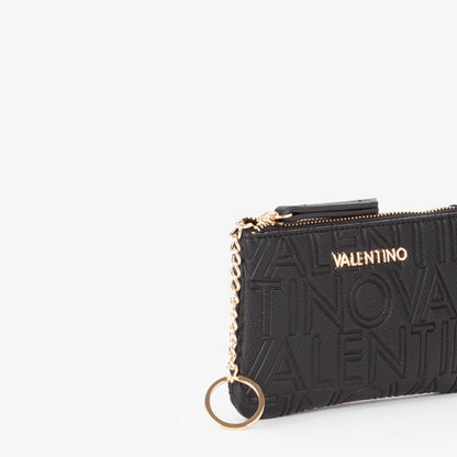Pochette femme noir logo embossé zip doré porte-clés