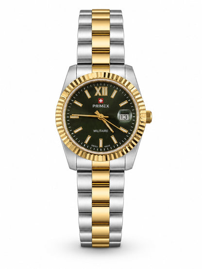 Montre femme Swiss Made bicolore cadran vert militaire