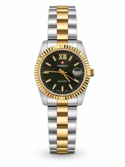Montre femme Swiss Made bicolore cadran vert militaire