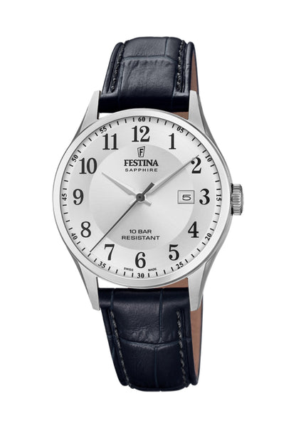 MONTRE SWISS MADE ARGENTÉ, BRACELET CUIR, HOMME