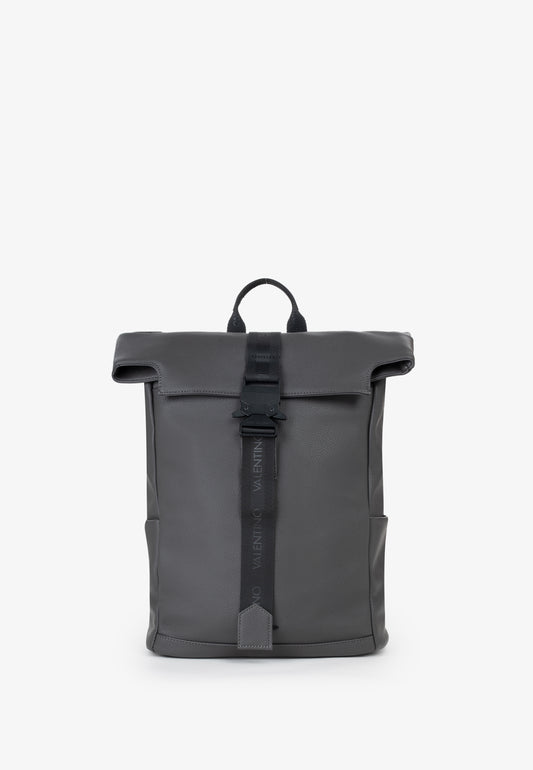 Sac à dos homme cuir grainé gris rolltop avec sangle