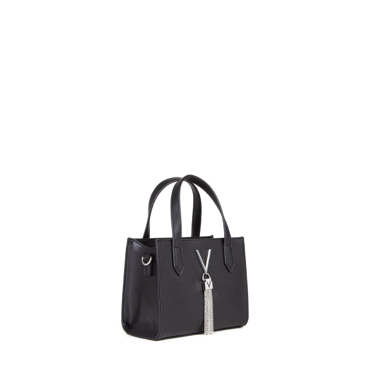 Sac à main femme noir grainé logo V et chaînes argentées