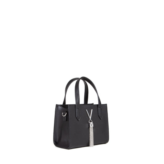 Sac à main femme noir grainé logo V et chaînes argentées