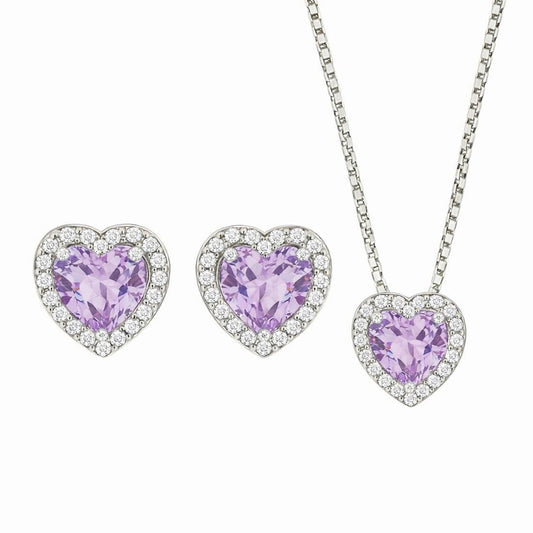 Parure femme argent 925 rhodié coeur zirconia lavande