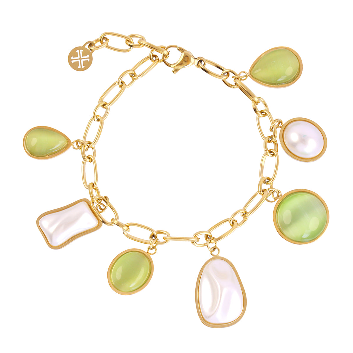 Bracelet femme acier doré pierres synthétiques vertes et nacre