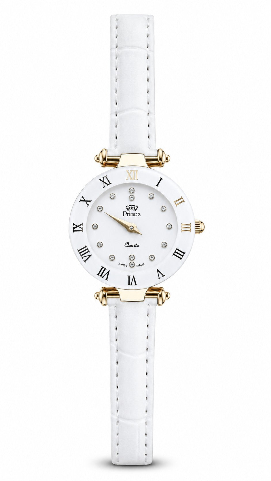Montre femme Swiss Made boîtier doré bracelet blanc