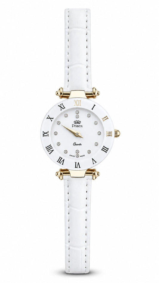 Montre femme Swiss Made boîtier doré bracelet blanc