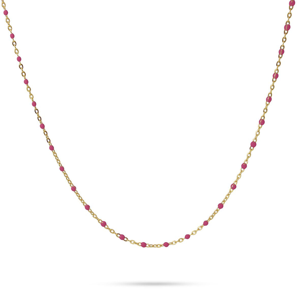 Collier femme acier doré perles émail rose fuchsia 40cm