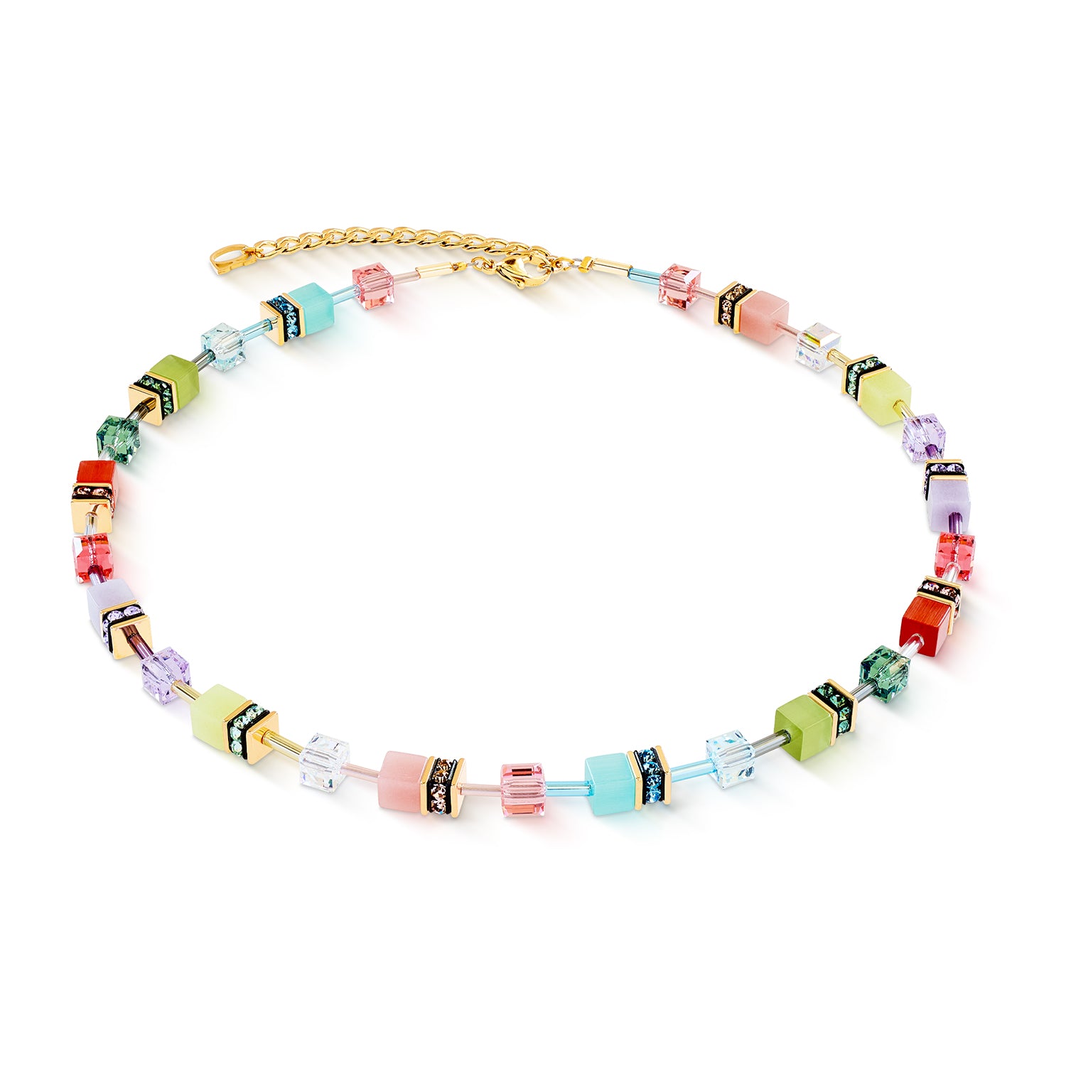 Œil de tigre synthétique, rondelles de strass, verre taillé, acier inoxydable doré