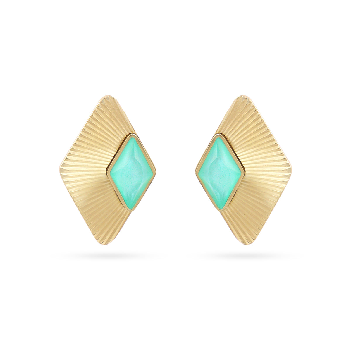 Boucles d'oreilles femme acier doré pierre verte losange