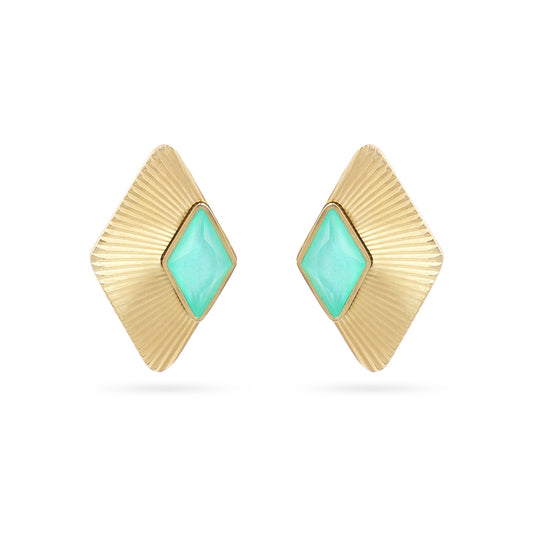 Boucles d'oreilles femme acier doré pierre verte losange