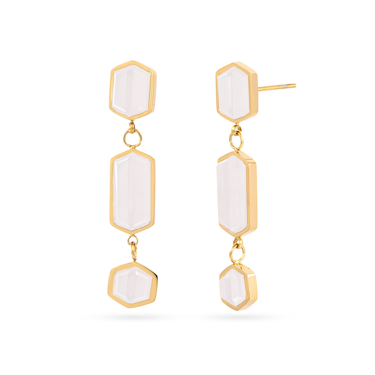 Boucles d'oreilles pendantes femme acier doré pierres blanches