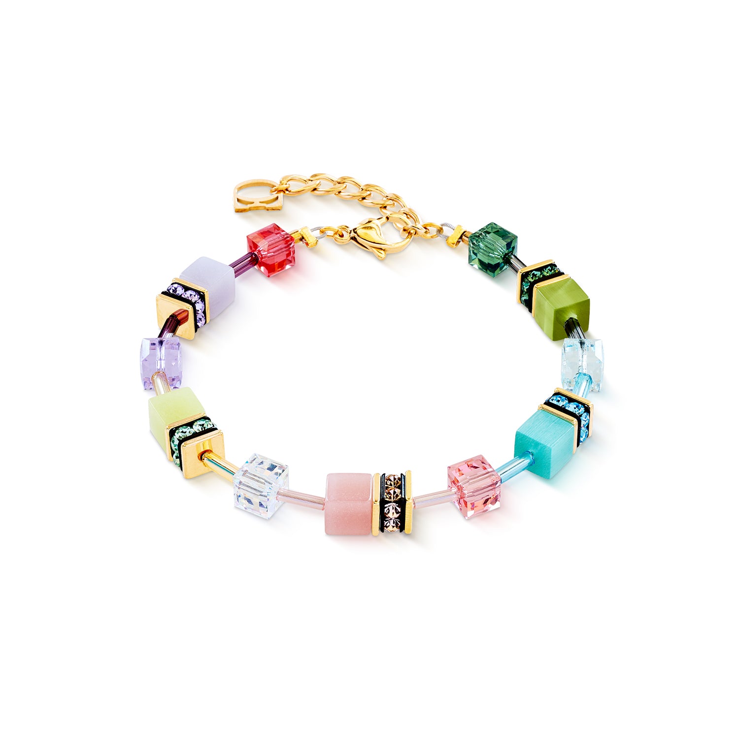 Œil de tigre synthétique, rondelles de strass, verre taillé, acier inoxydable doré
