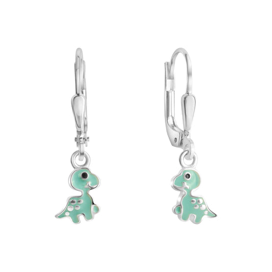 Boucles d'oreilles enfant argent 925 pendante dinosaure émail vert