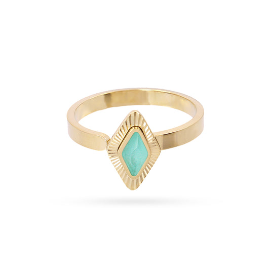 Bague femme acier doré pierre synthétique turquoise losange
