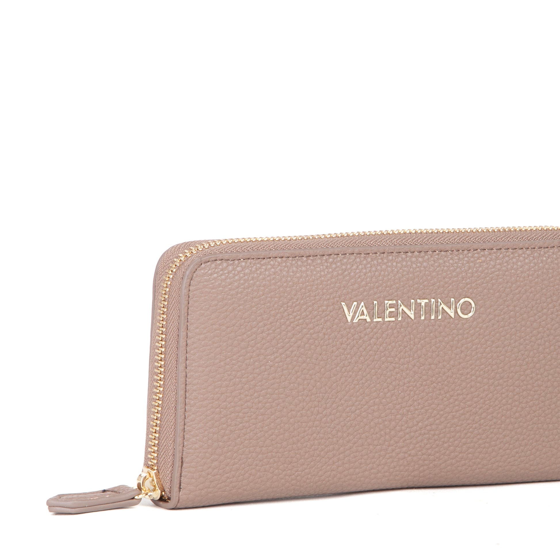 Portefeuille femme zippé cuir grainé taupe gold