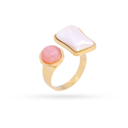 Bague femme acier doré ajustable perle et opale rose