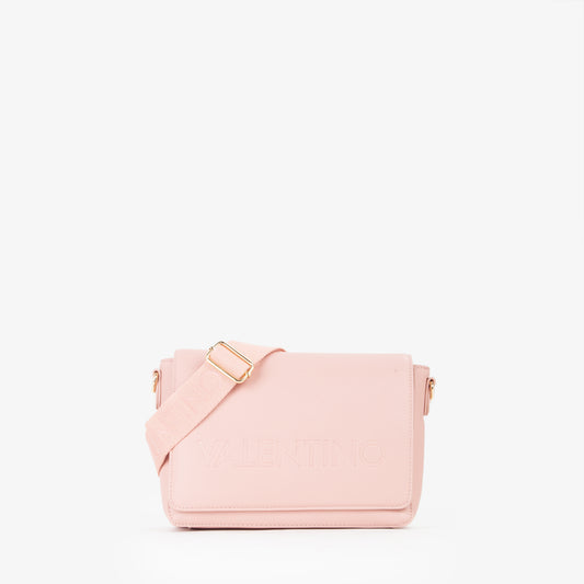 Sac bandoulière femme rose poudré logo embossé