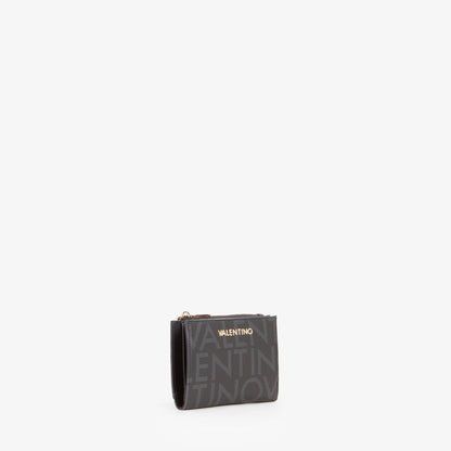 Portefeuille femme noir motif logo zippé compact